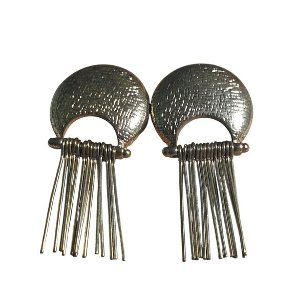 Gold Tone Textured Fringe Drop Earrings Unique Jewelry Bohemian Design MCM Gift - Picture 2 of 4